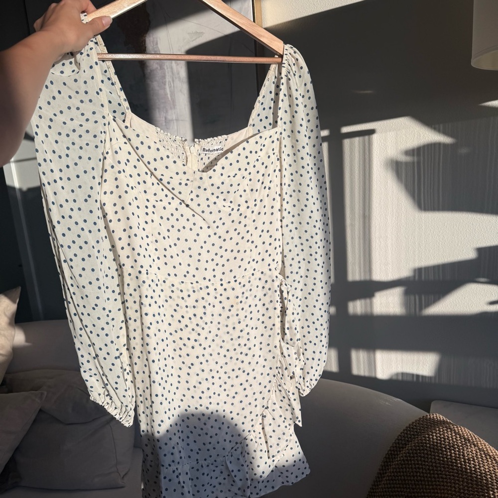 Reformation White and Blue Polka Dot Long Sleeve Dress